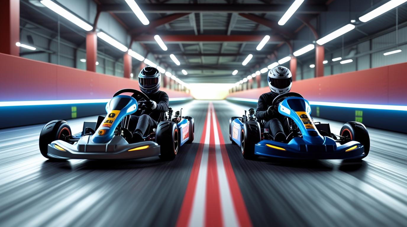 Elektromos és benzines gokartok egymás mellett egy modern versenypályán