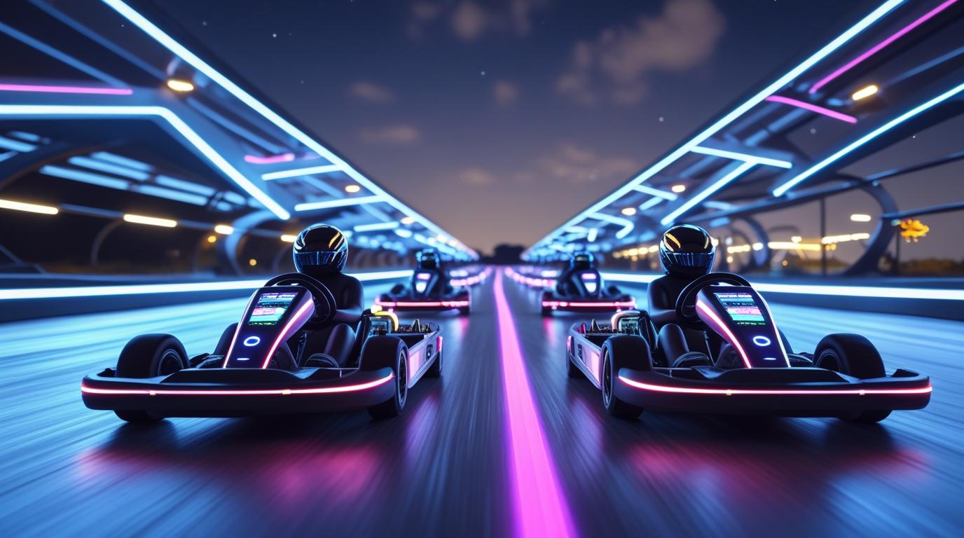Futurisztikus elektromos gokart pálya LED világítással és digitális kijelzőkkel